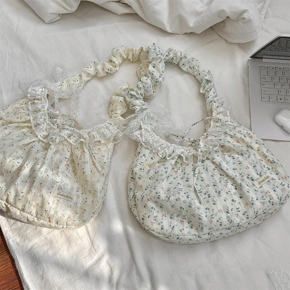 Sweet Lace Bow Female Tote Commuter Underarm Bag Rose Floral Women's Shoulder Bags Pleated Strap Girls Flower Crossbody Bag