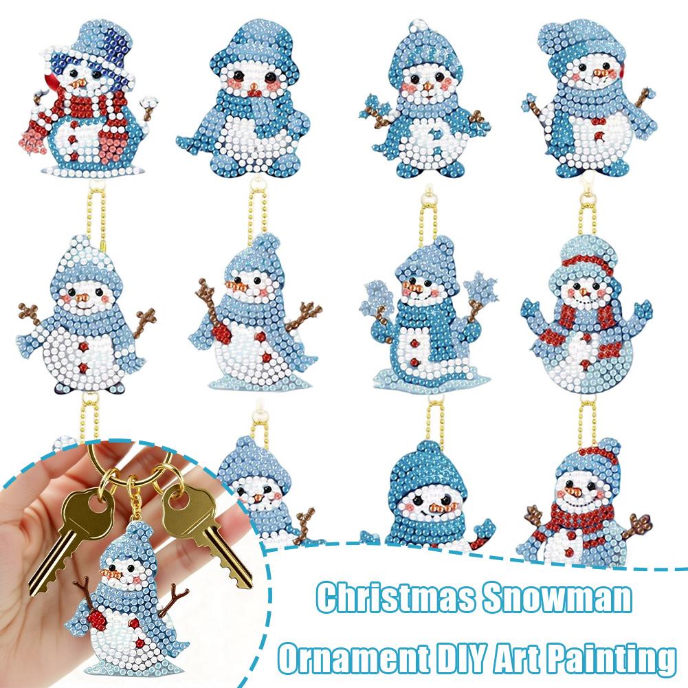 12PCS diamond-painted DIY Christmas handicrafts, penguin and snowman key chain sets, suitable for decoration and gifting
