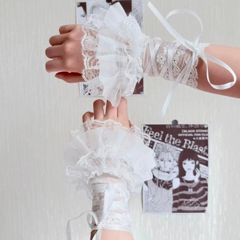 1 Paar Jk Lolita Spitze Handgelenkstulpen Seidenband Y2K Schwarz Weiß Rüschen Handschuhe Für Mädchen Cosplay Requisiten