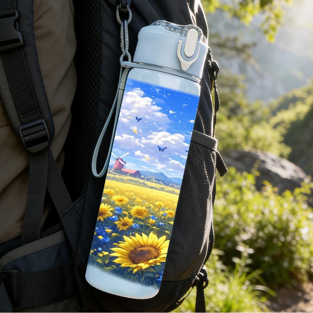 1PC Sunflower Blue Sky Countryside Print 750ml Color Plastic Sports Water Bottle Leakproof Flip Straw Lid Suitable for Sports Office Home Use