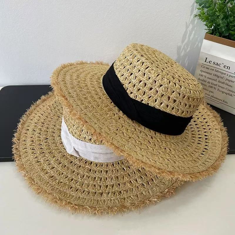 New Summer Hollow Flat Straw Hat - Three Foldable Raffia Sun Hat, Wide Brim Frayed Beach Cap for Women