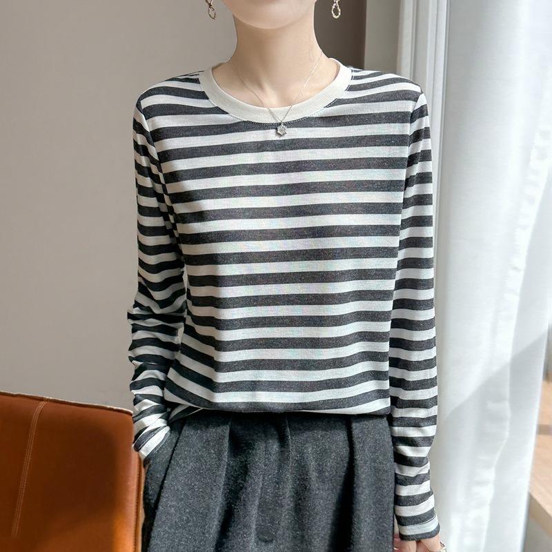 

Striped Contrasting Color Knitted T-Shirt Women s Long-Sleeved Comfortable Loose Fit Cool-Age Early Autumn Base Layer Shirt XXL чорний/білий
