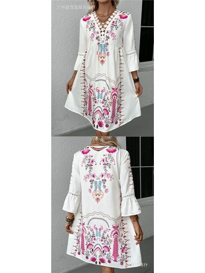 Women's Summer V-Neck Lace Patchwork Casual Printed Dress