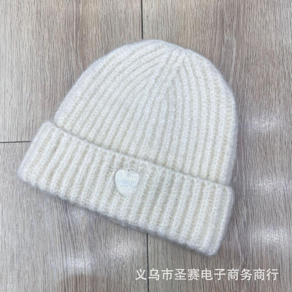 Red white warm knitted hat women's autumn and winter love embroidery casual versatile ear protection face small wool hat