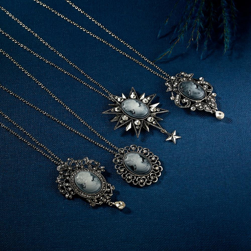 Rinhoo Necklaces & Pendants Jewelry For Women Vintage Cameo Queen Flower Beauty Head Crystal Pendant Necklace Sweater Long Chain