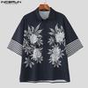 INCERUN Oversized Men Lapel Short Sleeve Floral Striped Casual Loose Shirts