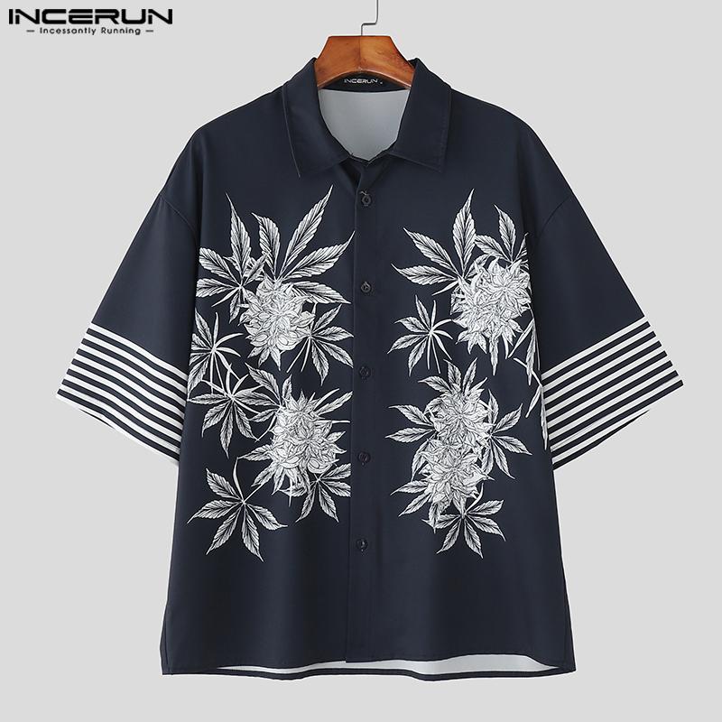 INCERUN Oversized Men Lapel Short Sleeve Floral Striped Casual Loose Shirts