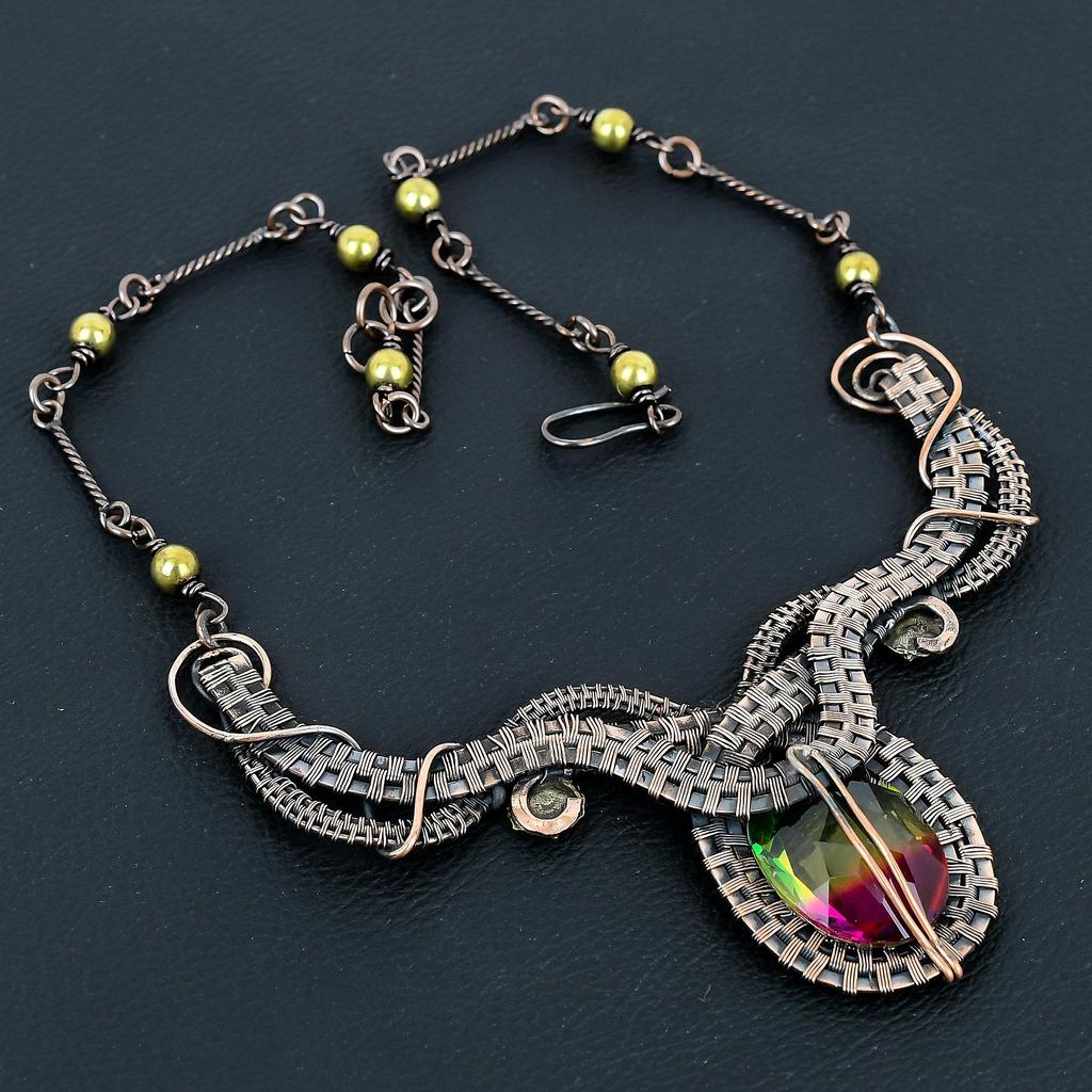 Zweifarbige Turmalin-Halskette Schmuck, 999 Kupferdraht umwickelte Edelstein-Halskette Handgefertigter Schmuck, Für den Gedenktag