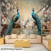 Peacock and Flowers Tapestry, Blue Peacocks with Cherry Blossoms, Elegant Bird Wall Art for Living Room Bedroom Decor