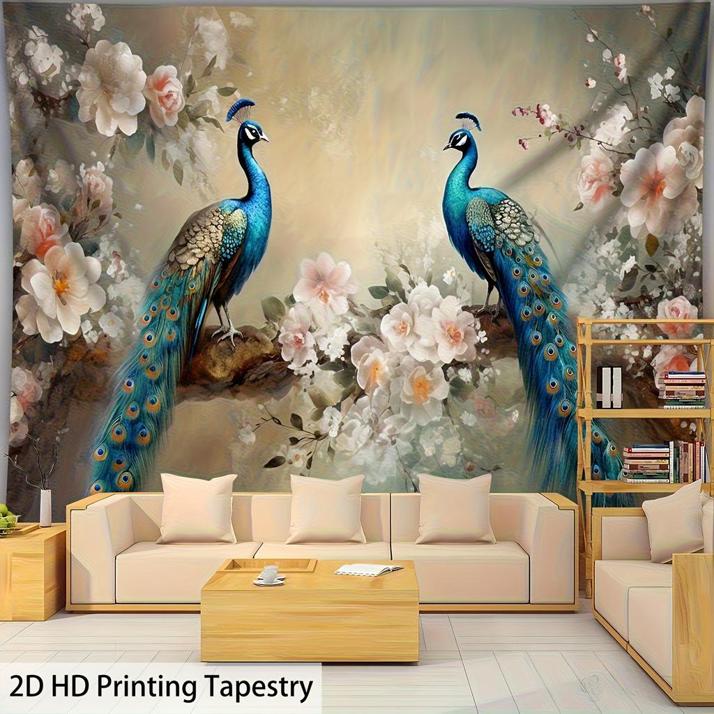 Peacock and Flowers Tapestry, Blue Peacocks with Cherry Blossoms, Elegant Bird Wall Art for Living Room Bedroom Decor