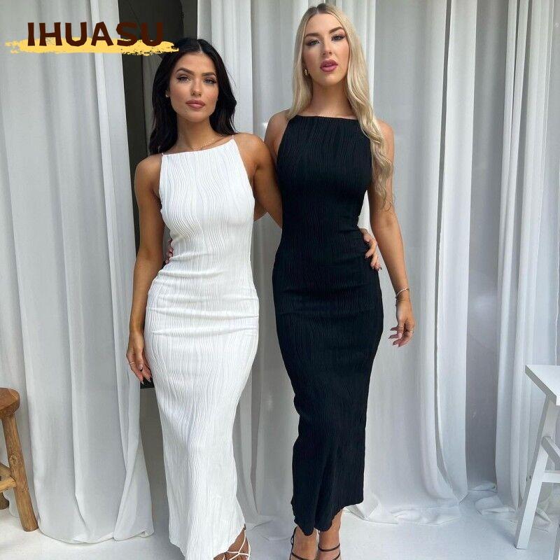 IHUASU Fashion Summer Spring Solid Color Print Sleeveless Casual Dresses