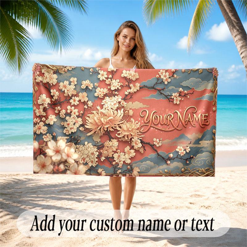 Floral Garden Theme Soft Beach Towel Personalized Custom Name Text Towel Portable for Beach Pool Travel