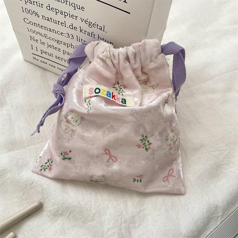 Cartoon Floral Bear Drawstring Storage Bag Women Jewelry Lipstick Makeup Bag Coin Purse Multifunctional Travel Packaging Bag
