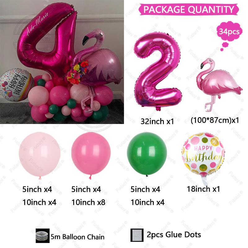 34pcs 32 Inch Rose Red Number 1-9 Birthday Balloon Set Flamingo Balloon Tropical Hawaii Theme Party Decoration Festival Supplies