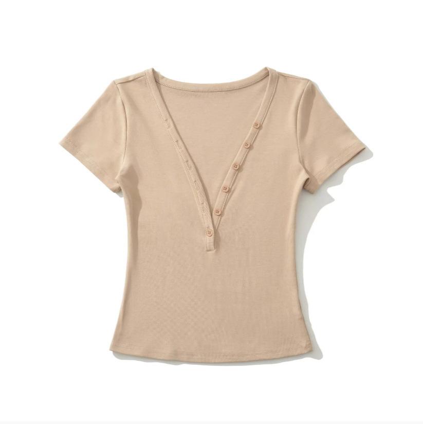 Sexy Deep V-neck Short-sleeved T-shirt Women's Summer New American Spice Girl Style Solid Color Slim-fitting and Thin Bottoming Top