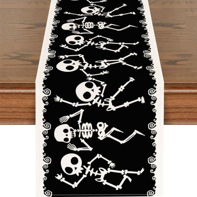 1 peça Corredor de Mesa Preto para Halloween Corredor de Mesa Estampado com Esqueleto Toalha de Mesa Impermeável Durável para Decoração de Festa em Casa de Halloween