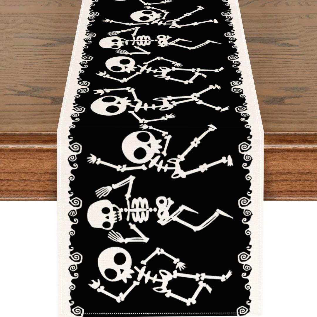 

1pc Black Halloween Table Runner Skeleton Printed Table Runner Waterproof Durable Tablecloth for Halloween Home Party Decoration 33x183cm