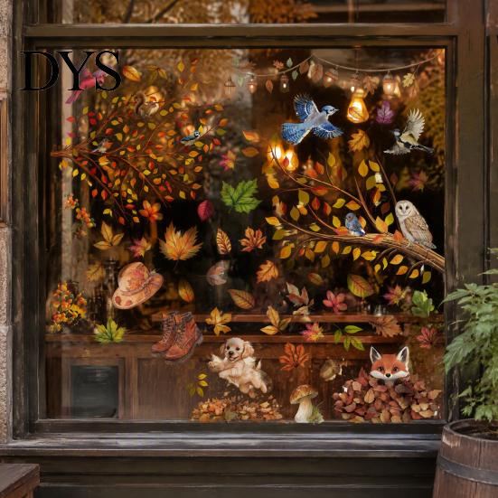 DIY Fall Party Window Ornaments 9PCS Thanksgiving Static Clings, Leaves Birds Cute Animals Easy Clean Film for Winter Glass Stickers, No-Adhesive