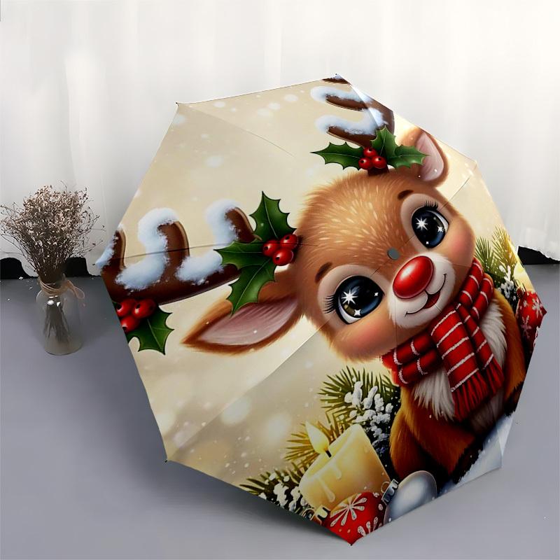 1pc Christmas Reindeer with Holly Berries, Automatic Opening Umbrella, Portable 3-Fold Design, 8-Bone Iron Frame, Outdoor Umbrella, Festive Gift for F