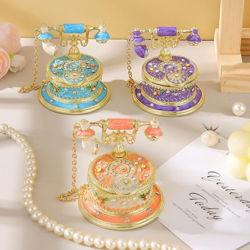 Vintage Telephone Enamel Alloy Jewelry Box, Ring & Necklace Storage Gift Box