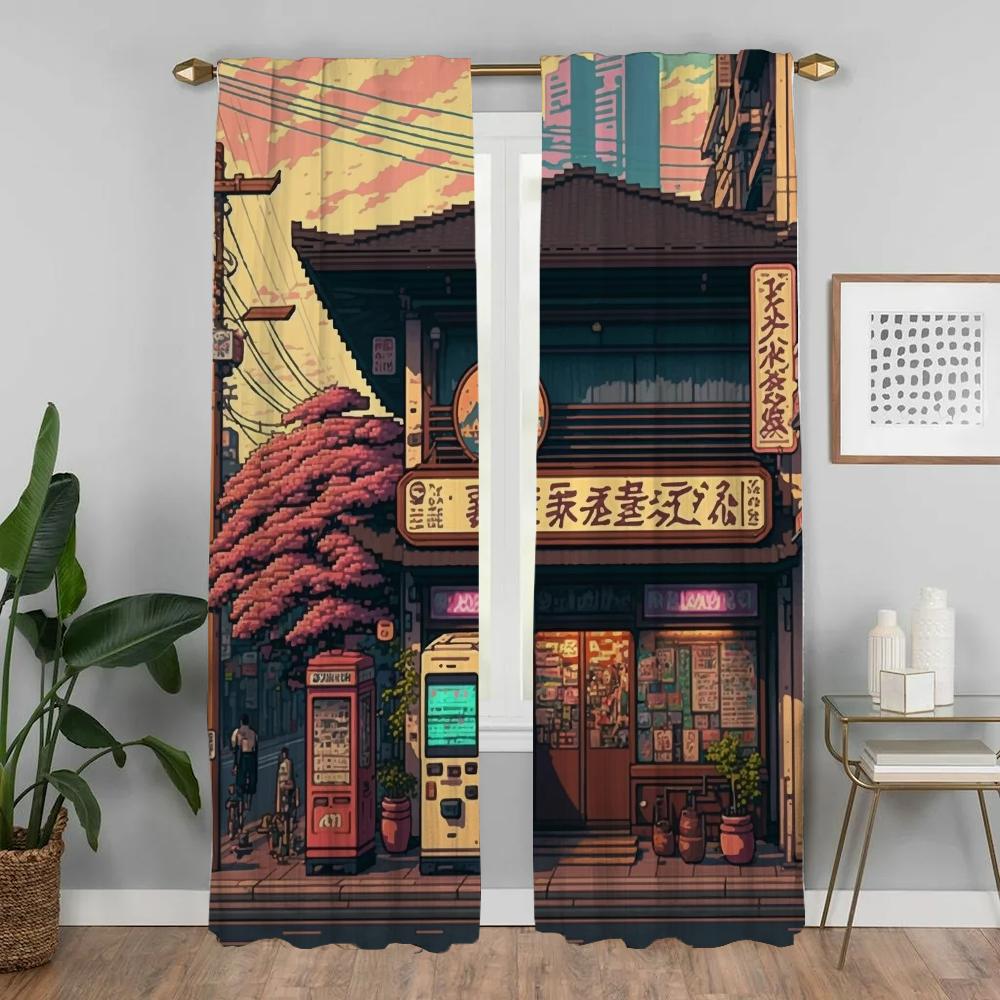 Cities Pixel Art Curtains Child Room Partition Blackout Curtain for Room 2 Panel Home Interior Curtains Shades Living Kitchen