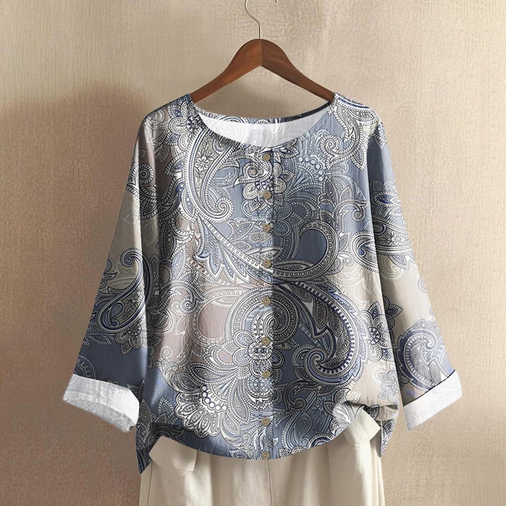 Damen Lässig Langärmlig Rundhals Retro Farbverlauf Bedrucktes Baumwoll- und Leinenoberteil