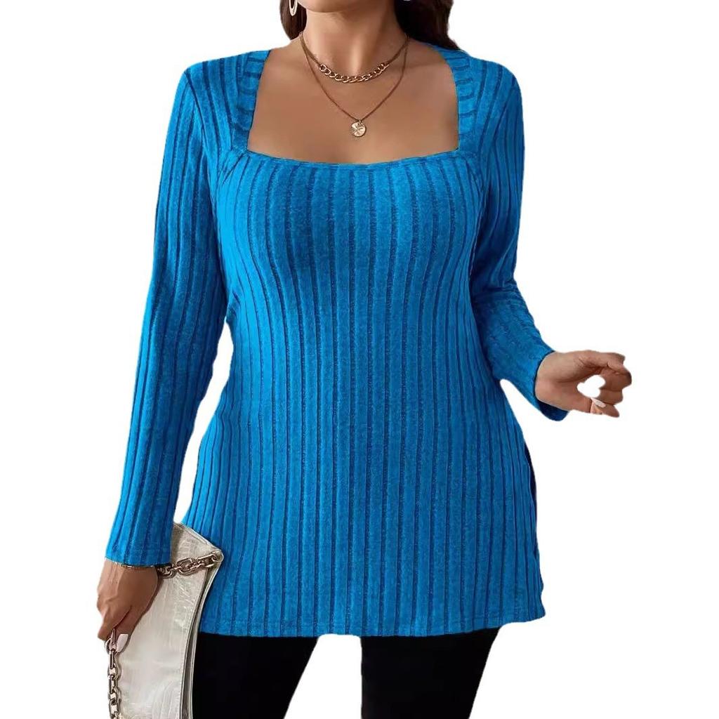 Übergröße Neuer Herbst- und Winter Damenmode Einfarbiger Pullover Damen Quadratischer Ausschnitt Langärmeliges Freizeit-Oberteil