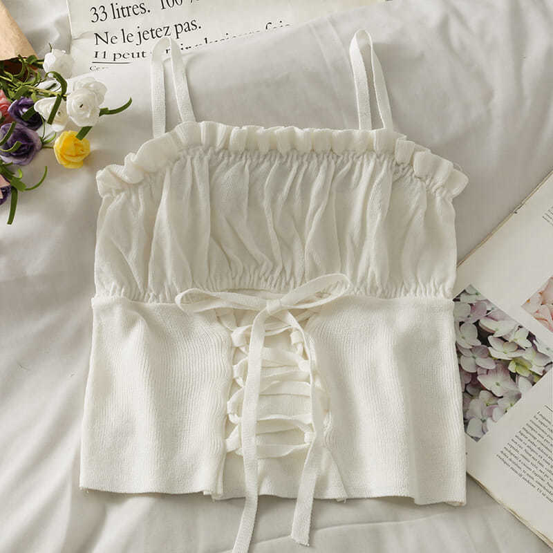 Short Style Crop Top with Exposed Navel and Black Fungus Edge Slim Fit Camisole Women's New Style Drawstring Tied Knit Vest Summer