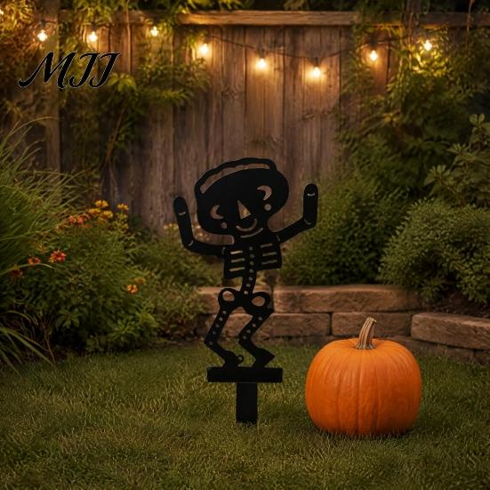 Halloween Skelett Trädgårdsstolpar Stolpe, Metall med Fladdermus Spindel Gårds konst Svart Silhuett Dekoration för Gräsmatta Blomsterrabatt Kyrkogård Landskapsarkitektur