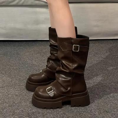 Women's Boots Brown Maillard Retro New Spring Autumn Height Increasing Comfortable Anti Slip Fashion Belt Buckle Boots