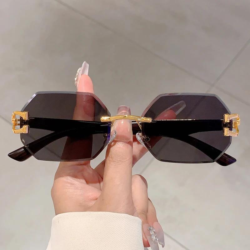 Vintage Rimless Polygon Shades Luxury Brand Gradient Women's Sunglasses Fashion Leopard Decor Travelling Sun Glasses