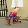 4cm Print Cloth Genuine Leather Ankle Knee High Boots Woman Flats Ladies Appliques Flower Autumn Spring Plus Size Shoes