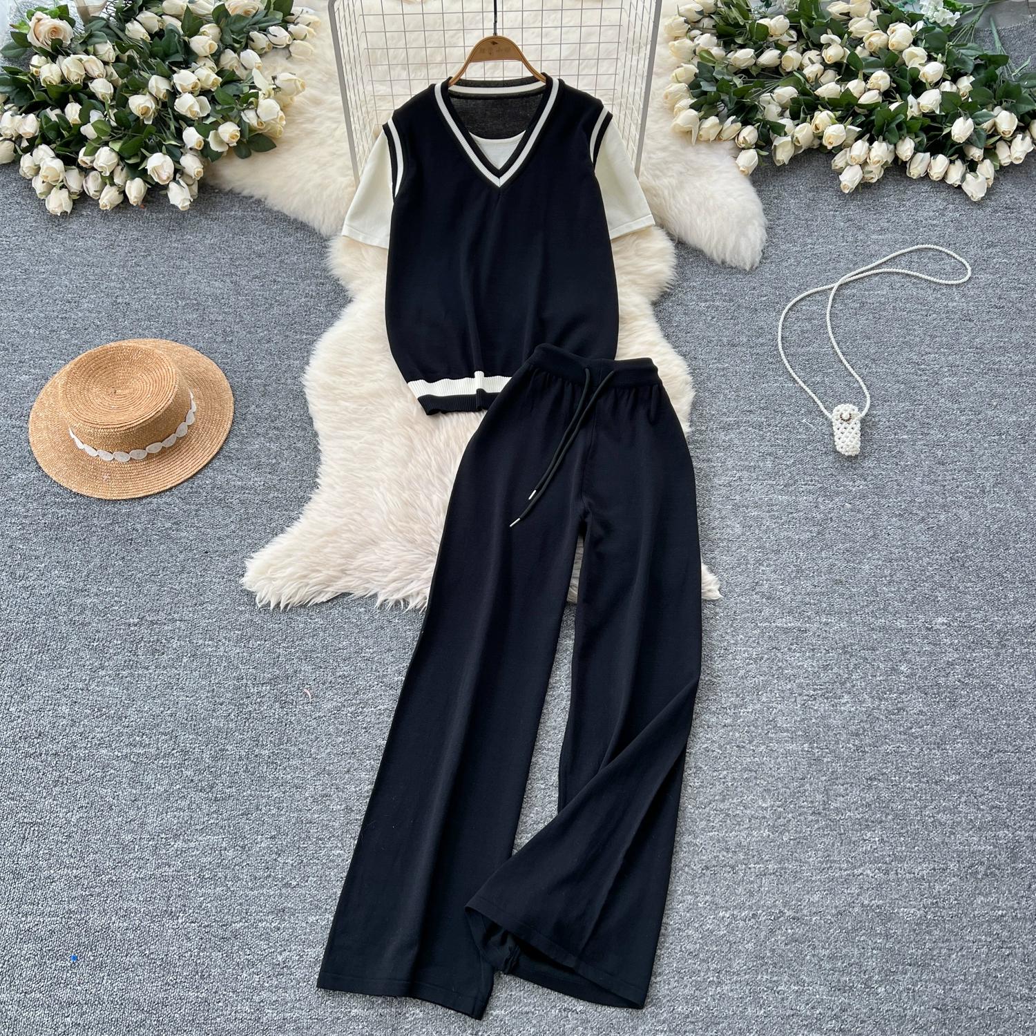 

Летний женский трикотажный свитер, брюки, комплект из двух предметов, короткий рукав, V-образный вырез, пуловер, топ и широкие брюки, спортивный костюм One Size