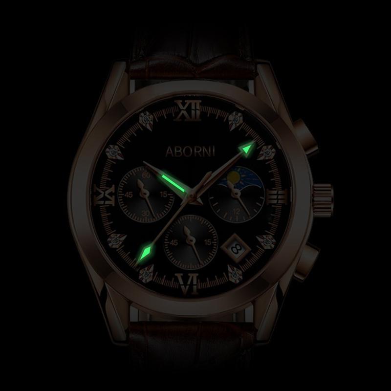 ABORNI Luxus Herren Chronograph Armbanduhr Wasserdicht Leuchtend Herrenuhr Leder Hohe Qualität Sport Herren Quarzuhren