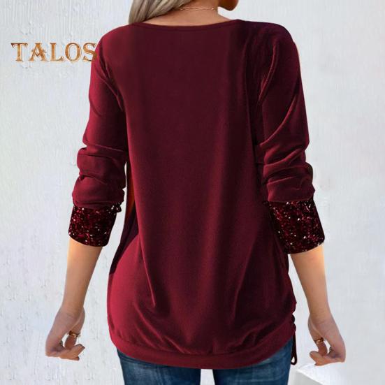 Women Velvet Tops Swing Collar Long Sleeve Drawstring Hem Shirring Pullover Tops Solid Color Sequins Stitching Blouse