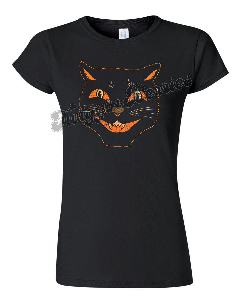 Retro Halloween Tee T Shirt Vtg Art Goth Witch Black Cat No. 4 Women XL