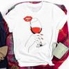 Red Lips Drinking Red Wine Women Printed Short Sleeve Casual Cartoon Fashion Clothes Print Tee Top Tshirt Female Graphic T-Shirt