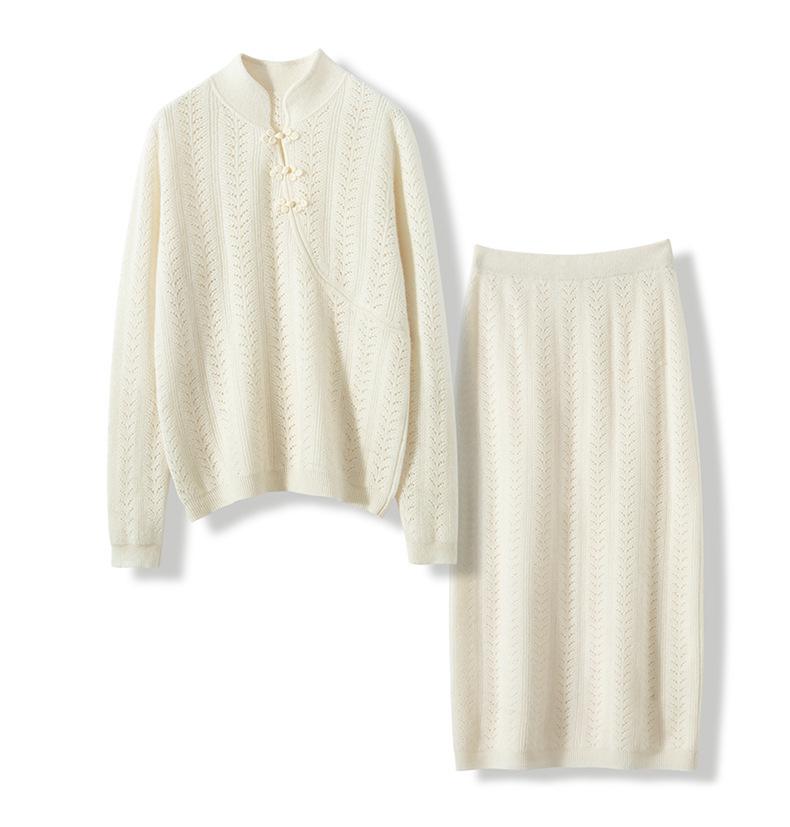Women's Cashmere Knitted Suit with Chinese Stand Collar and Hollow Skirt, Perfect for Autumn/Winter.