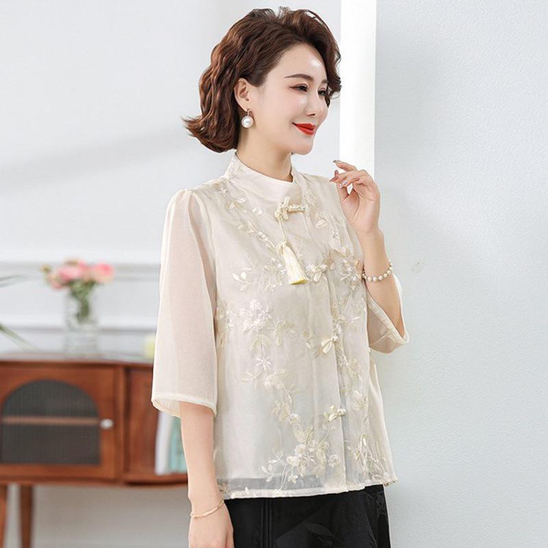 Mom's Summer Embroidered Tassel Stand Collar Chiffon Blouse for Middle-Aged Women