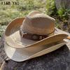 Bull Head Belt Straw Hat Men and Women Spring and Summer Outdoor Travel Visor Hat Big Brim Western Cowboy Hat Tibetan Jazz Hat