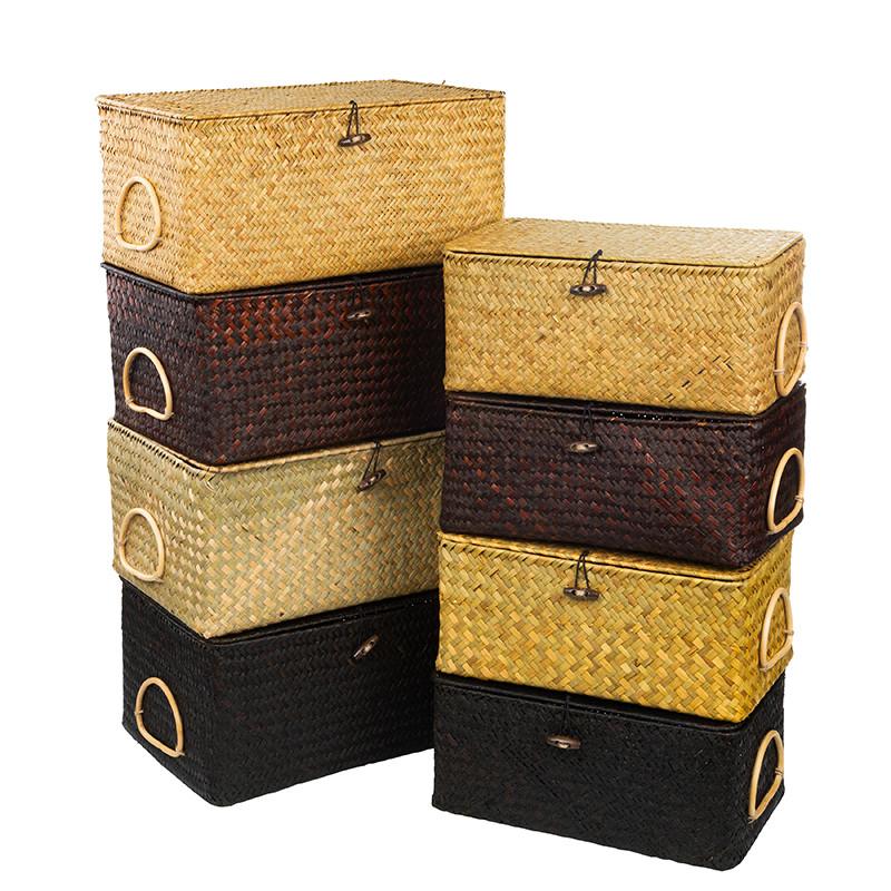 Hand Weaving Seaweed Shelf Baskets with Lid Rectangular Bin Woven Storage Box with Handle Home Organizer Bedroom