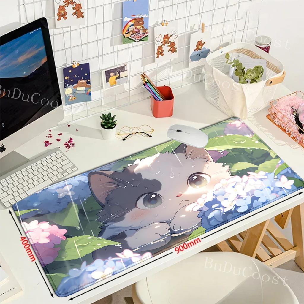 Cute Cat Large Gaming Keyboard Mouse Pad XL Green Plant Computer Gamer Tablet Mause Pad Long Mousepad XXL 900x400 Play Mice Mats
