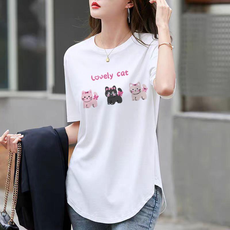 Loose White Cotton Round Neck Short-sleeved T-shirt for Women In Summer Curved Hem Slit Medium-length Style Covering Butt