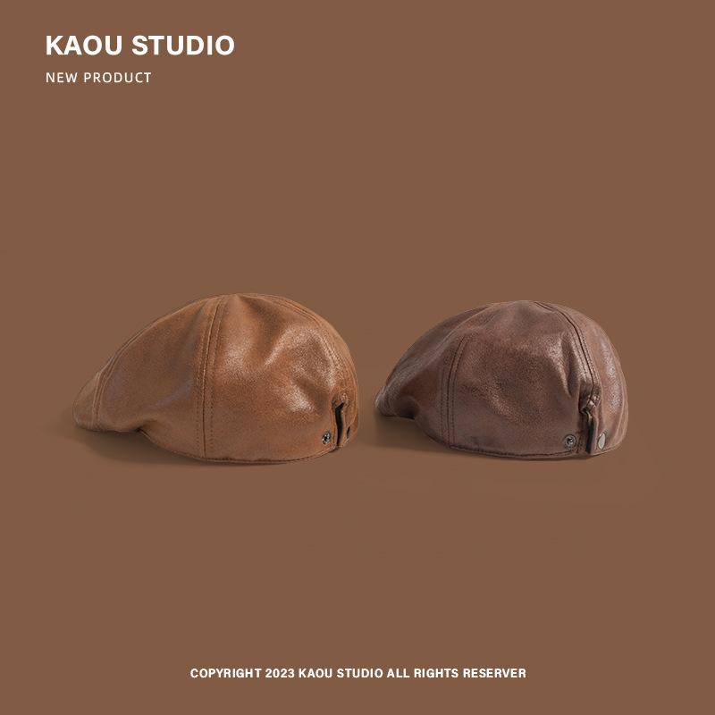 PU Leather Retro Japanese-style Forward Cap for Women, Versatile and Stylish for Autumn and Winter, Gradient Niche British Painter's Cap for Men