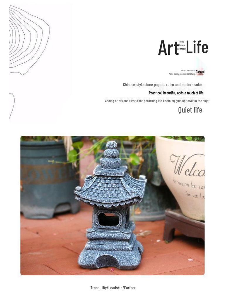 Antique Solar Garden Pagoda Lantern – Chinese Stone-Style Outdoor Decor