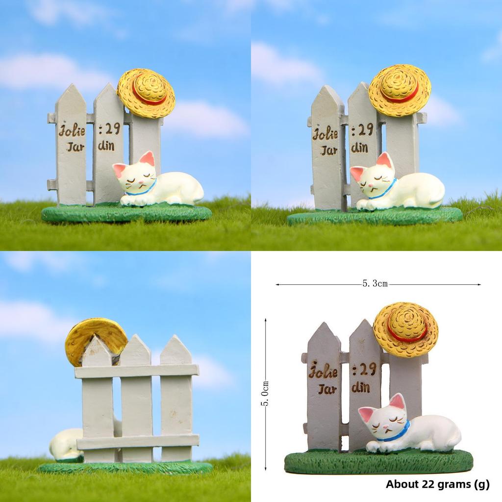 Fence Cat Resin And Hat With Moss Grass Decor For Photo Shoots Gift Giving