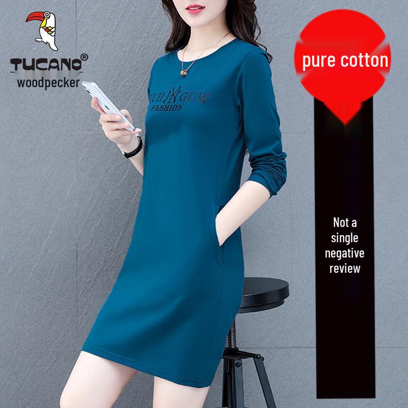 Women's Long-Sleeve Cotton Mid-Length T-Shirt Dress - 2025 Spring/Autumn Casual Versatile Style