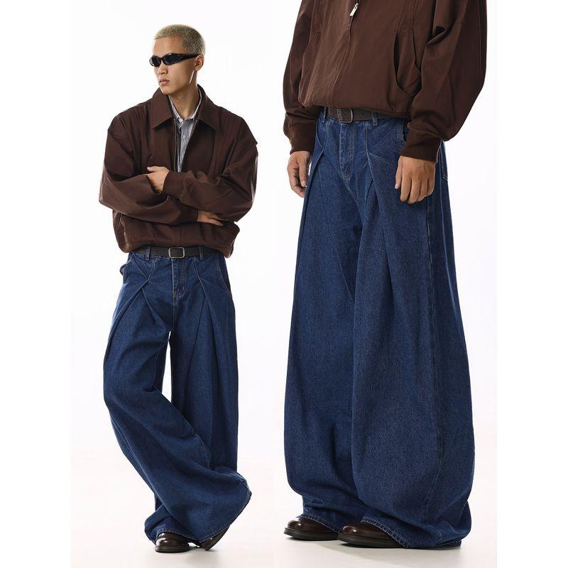 American Retro Pleated Design Dark Blue Jeans for Men and Women, Loose and Versatile, High-End Casual Straight-Leg Wide-Leg Pants