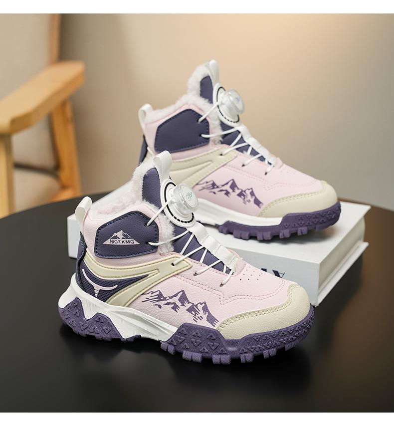 Kids' Pink Lace-Up Plush Snow Boots - High-Top, Thickened, Warm Winter Shoes for Girls.