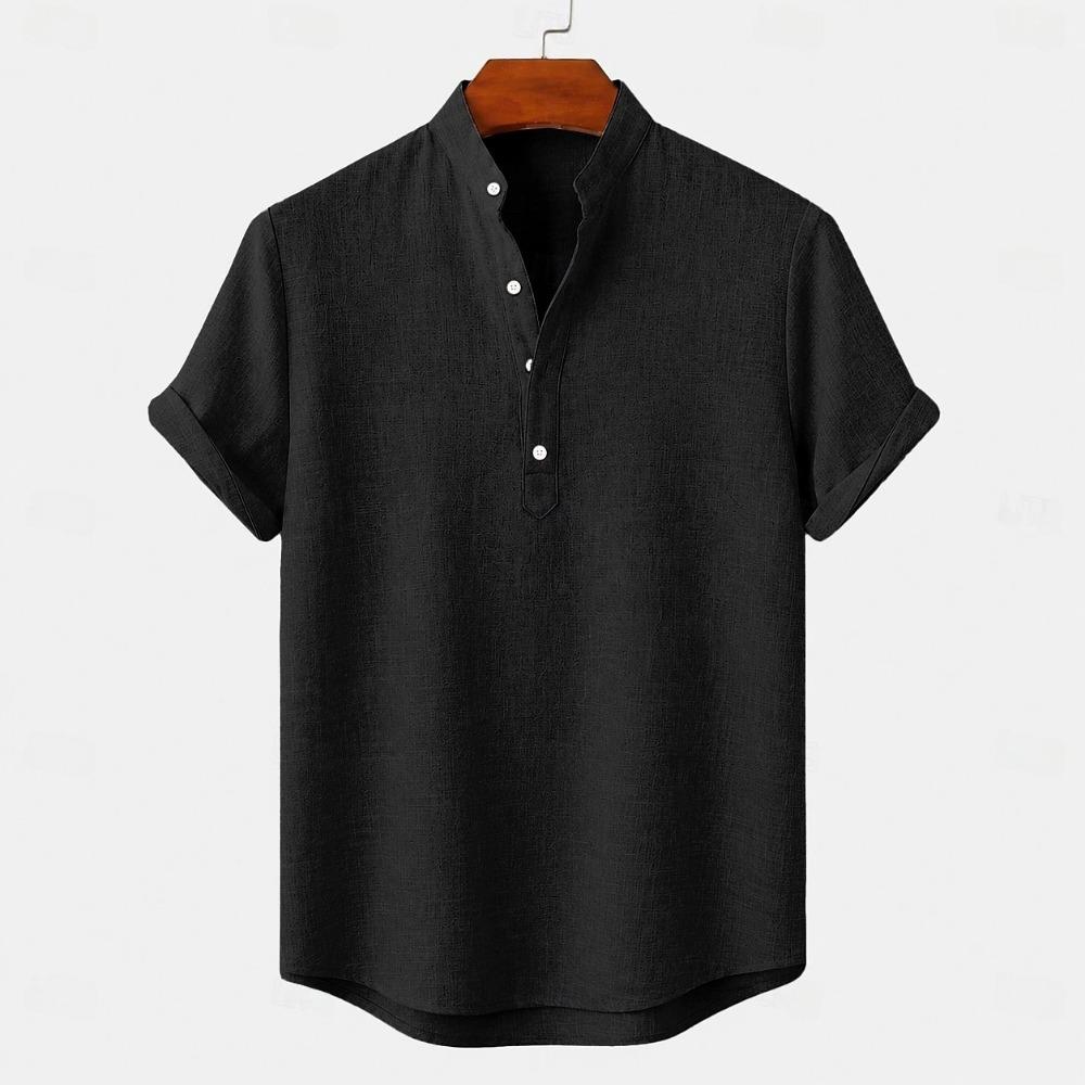 Men's Linen Shirts Short Sleeve Button Up Neck Stand Collar Casual Summer Home Daily Shirts